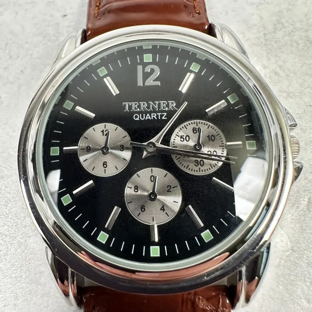 Bijous Terner Watch Mens 35mm Silver Tone Brown Leather Band New Battery